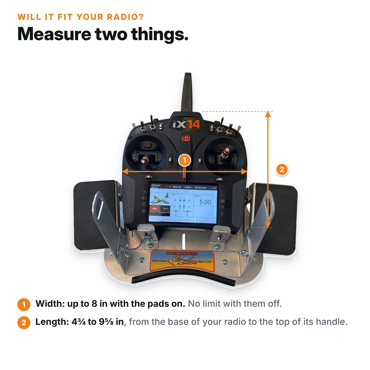 Fit guide: radios up to 8 in wide with the hand pads on, no width limit with them off, 4-3/4 to 9-5/8 in from the base of the radio to the top of its handle