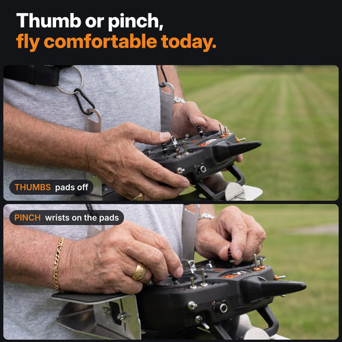 Thumbs with the pads off or pinch with wrists on the pads: one tray for both grips